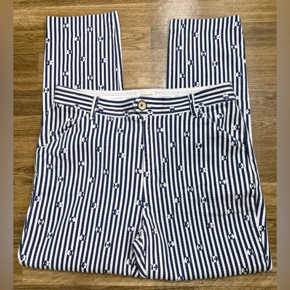 Anthropologie essential slim navy white stripe preppy cotton lightweight pants 8 - Picture 5 of 15